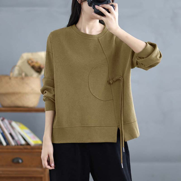 Sweat-shirt à manches longues en coton uni à col rond et boutons grenouille pour femme, motif Buddha Stones - image 23