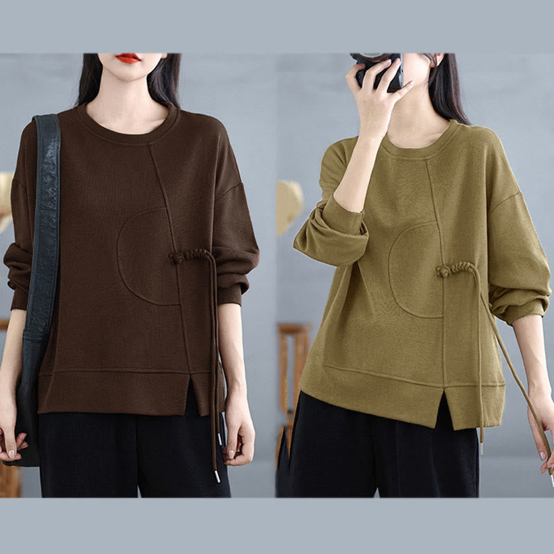 Sweat-shirt à manches longues en coton uni à col rond et boutons grenouille pour femme, motif Buddha Stones - image 25