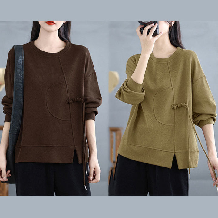 Sweat-shirt à manches longues en coton uni à col rond et boutons grenouille pour femme, motif Buddha Stones - image 25