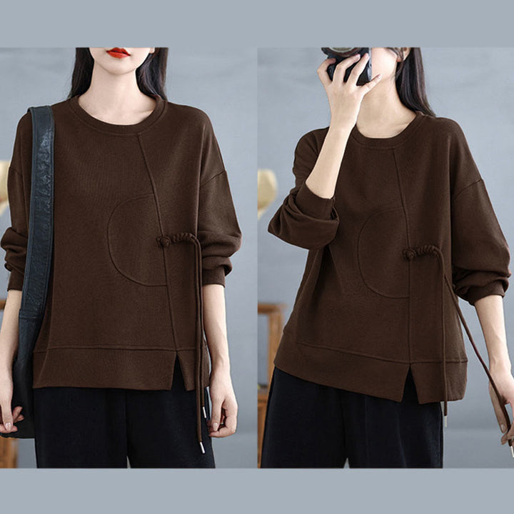 Sweat-shirt à manches longues en coton uni à col rond et boutons grenouille pour femme, motif Buddha Stones - image 11