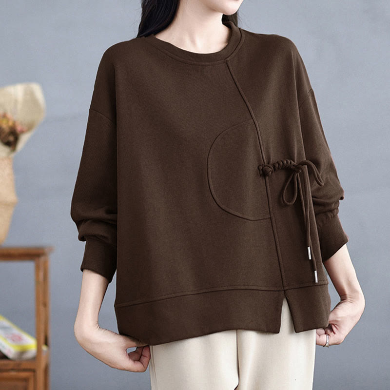 Sweat-shirt à manches longues en coton uni à col rond et boutons grenouille pour femme, motif Buddha Stones - SaddleBrown - US12，UK/AU16，EU44 (3XL) - image 1