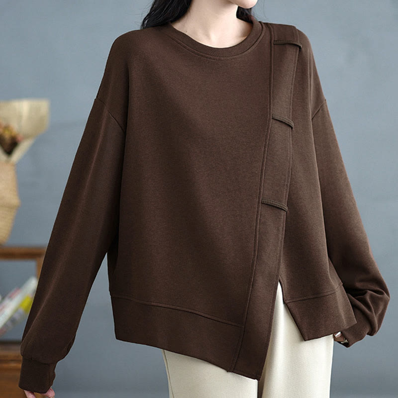 Sweat-shirt en coton pour femme, motif Buddha Stones, couleur unie, design asymétrique, col rond, manches longues. - image 4