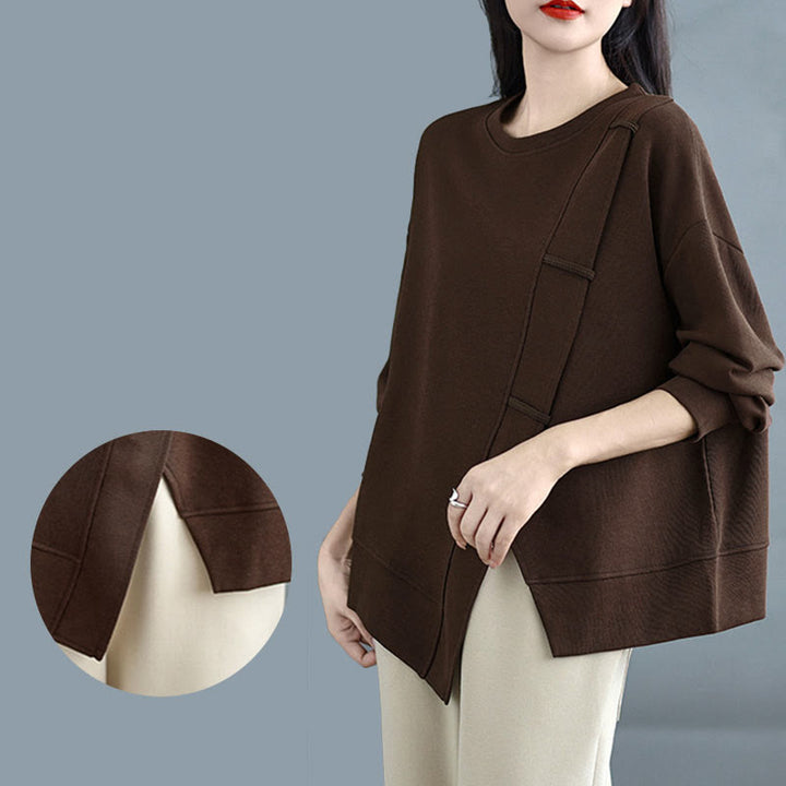 Sweat-shirt en coton pour femme, motif Buddha Stones, couleur unie, design asymétrique, col rond, manches longues. - image 8