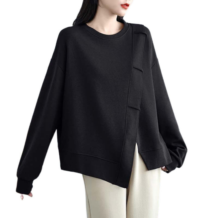 Sweat-shirt en coton pour femme, motif Buddha Stones, couleur unie, design asymétrique, col rond, manches longues. - image 25