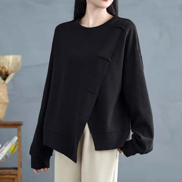 Sweat-shirt en coton pour femme, motif Buddha Stones, couleur unie, design asymétrique, col rond, manches longues. - image 22