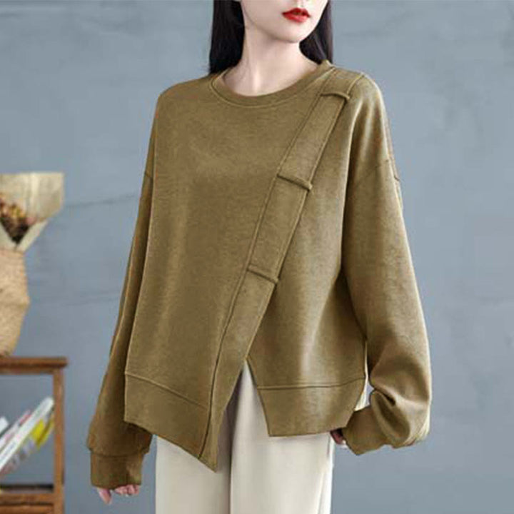 Sweat-shirt en coton pour femme, motif Buddha Stones, couleur unie, design asymétrique, col rond, manches longues. - image 16