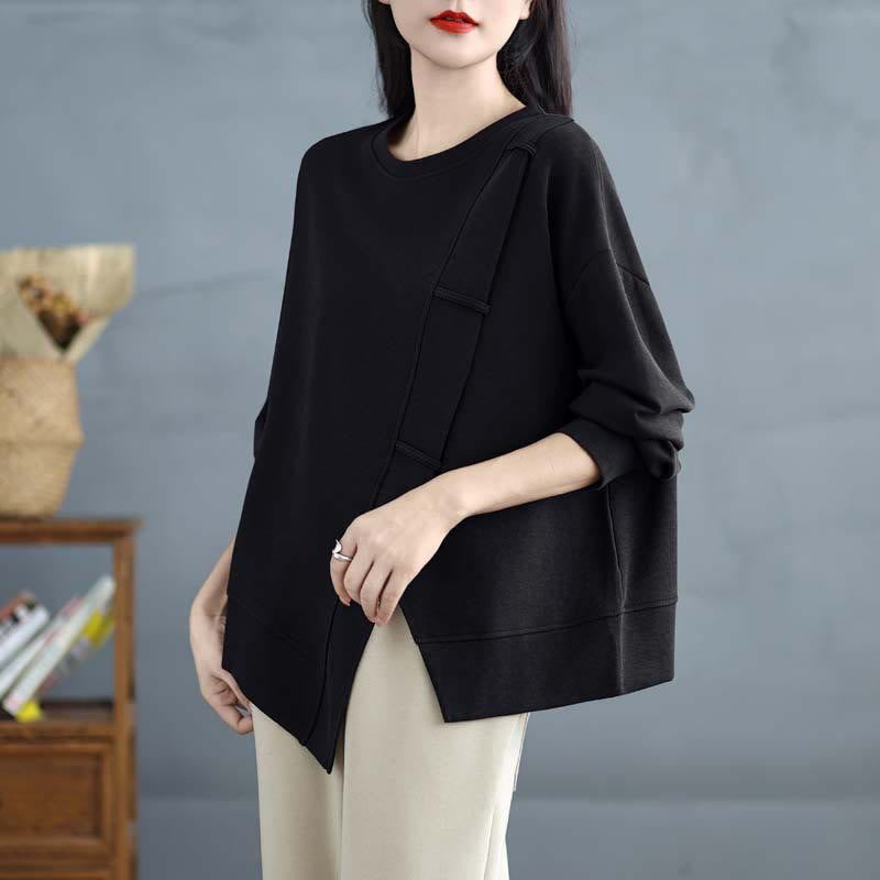 Sweat-shirt en coton pour femme, motif Buddha Stones, couleur unie, design asymétrique, col rond, manches longues. - Noir - US12，UK/AU16，EU44 (3XL) - image 20