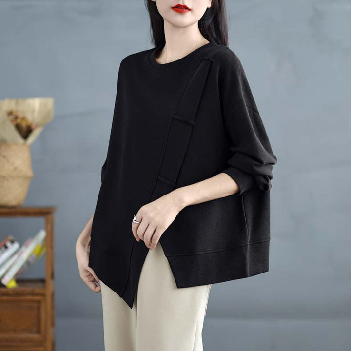 Sweat-shirt en coton pour femme, motif Buddha Stones, couleur unie, design asymétrique, col rond, manches longues. - Noir - US12，UK/AU16，EU44 (3XL) - image 20