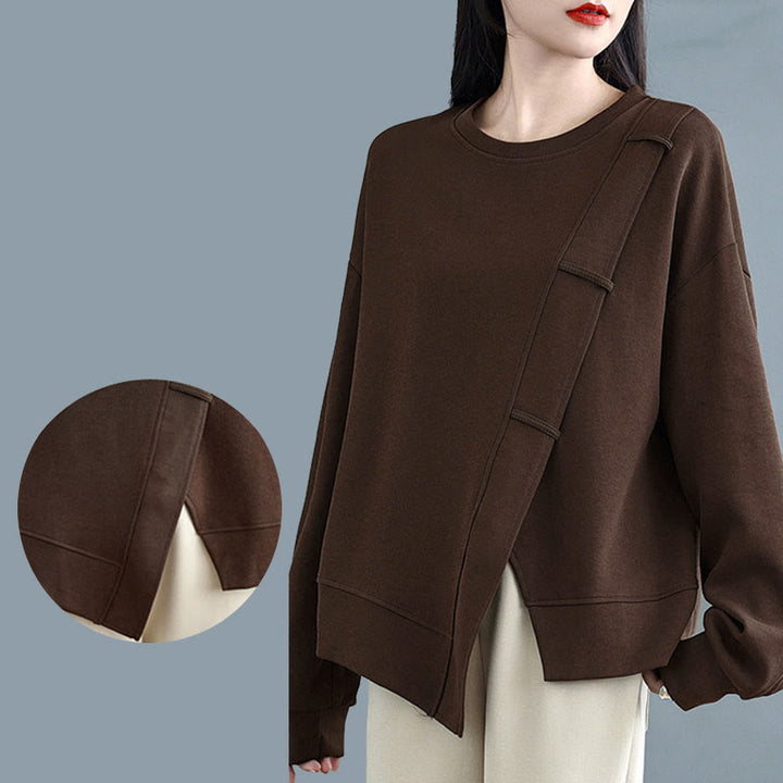 Sweat-shirt en coton pour femme, motif Buddha Stones, couleur unie, design asymétrique, col rond, manches longues. - image 9