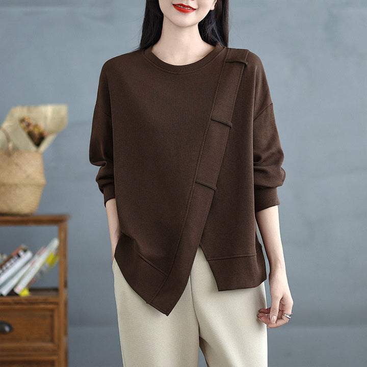 Sweat-shirt en coton pour femme, motif Buddha Stones, couleur unie, design asymétrique, col rond, manches longues. - SaddleBrown - US12，UK/AU16，EU44 (3XL) - image 0