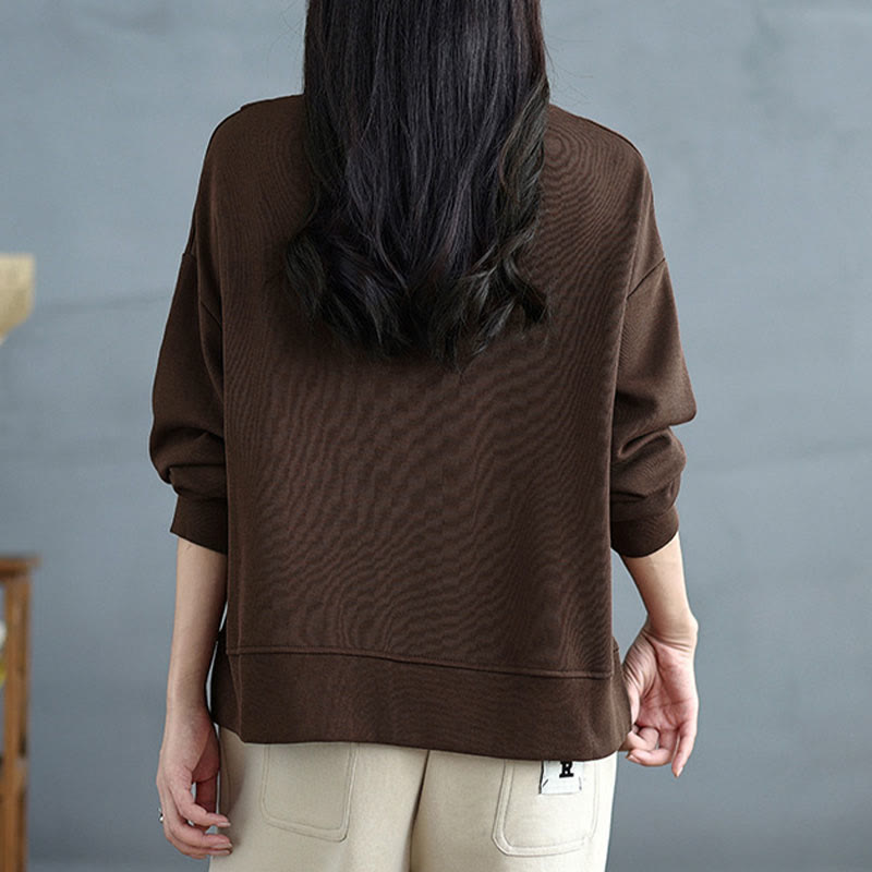 Sweat-shirt en coton pour femme, motif Buddha Stones, couleur unie, design asymétrique, col rond, manches longues. - image 3