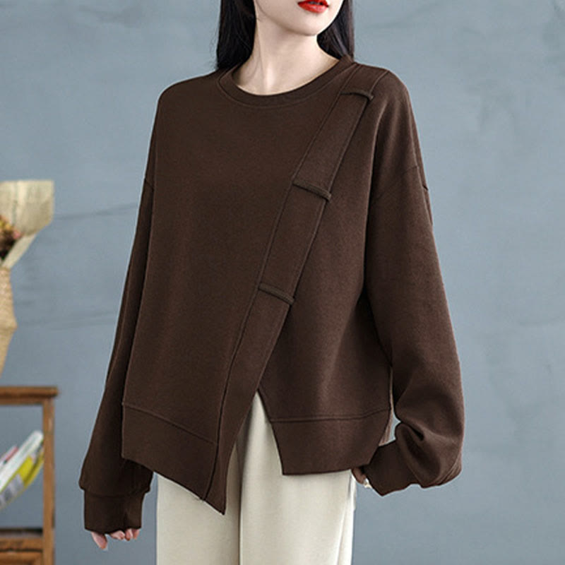 Sweat-shirt en coton pour femme, motif Buddha Stones, couleur unie, design asymétrique, col rond, manches longues. - image 1