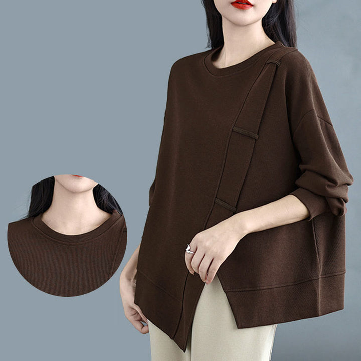 Sweat-shirt en coton pour femme, motif Buddha Stones, couleur unie, design asymétrique, col rond, manches longues. - image 6