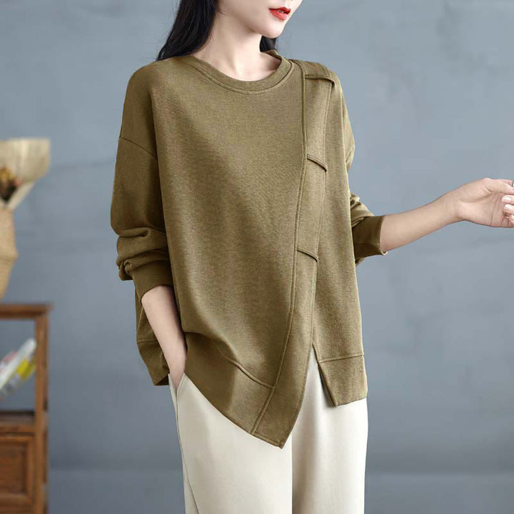 Sweat-shirt en coton pour femme, motif Buddha Stones, couleur unie, design asymétrique, col rond, manches longues. - DarkKhaki - US12，UK/AU16，EU44 (3XL) - image 15