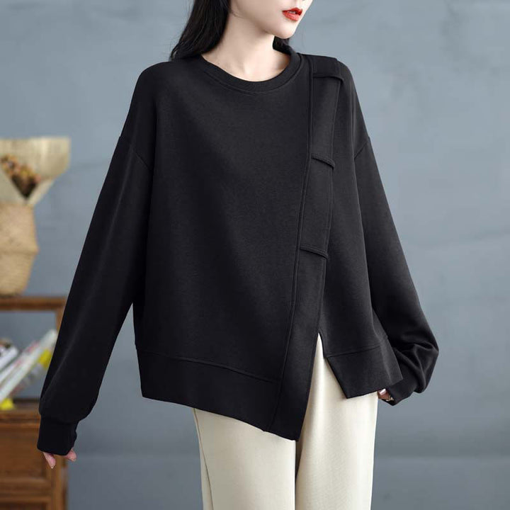 Sweat-shirt en coton pour femme, motif Buddha Stones, couleur unie, design asymétrique, col rond, manches longues. - image 21