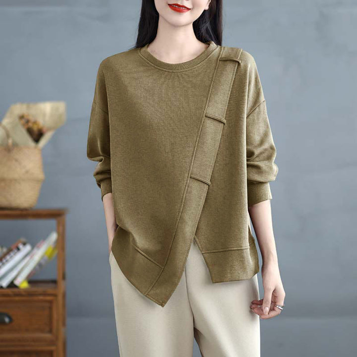 Sweat-shirt en coton pour femme, motif Buddha Stones, couleur unie, design asymétrique, col rond, manches longues. - image 17