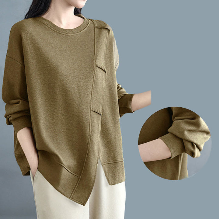 Sweat-shirt en coton pour femme, motif Buddha Stones, couleur unie, design asymétrique, col rond, manches longues. - image 19