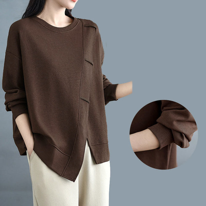 Sweat-shirt en coton pour femme, motif Buddha Stones, couleur unie, design asymétrique, col rond, manches longues. - image 7