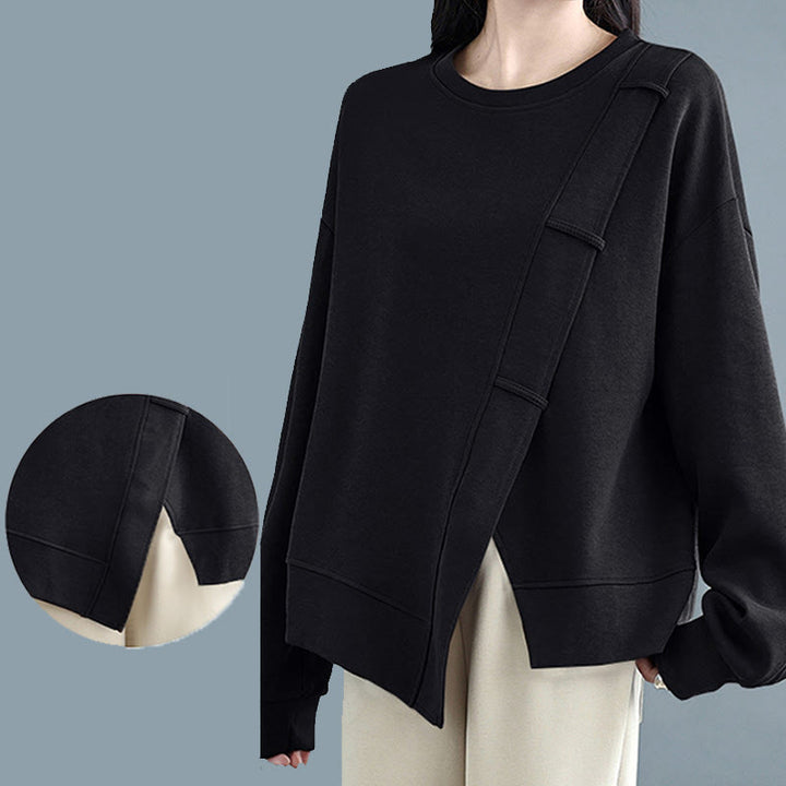 Sweat-shirt en coton pour femme, motif Buddha Stones, couleur unie, design asymétrique, col rond, manches longues. - image 24