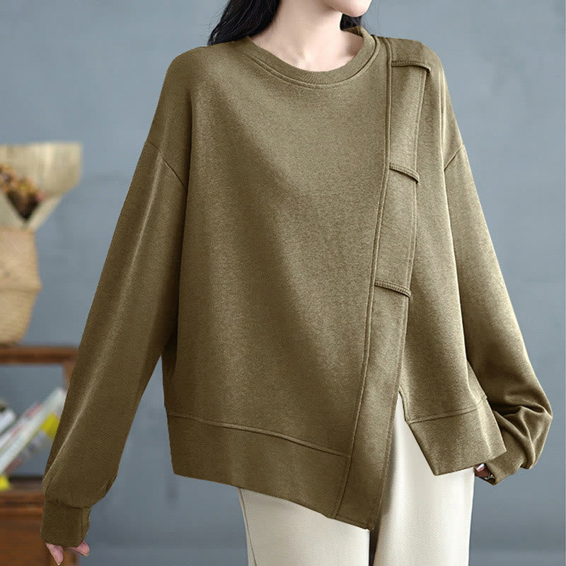 Sweat-shirt en coton pour femme, motif Buddha Stones, couleur unie, design asymétrique, col rond, manches longues. - image 18