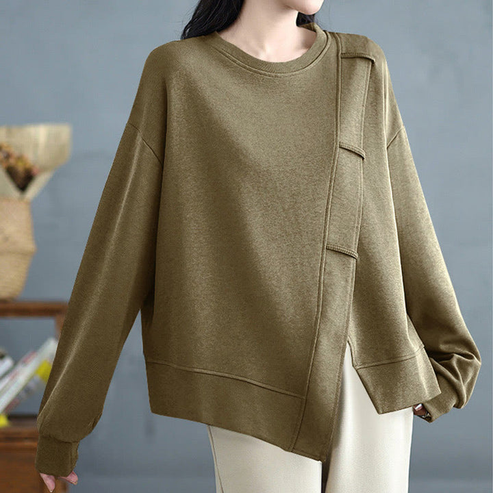 Sweat-shirt en coton pour femme, motif Buddha Stones, couleur unie, design asymétrique, col rond, manches longues. - image 18