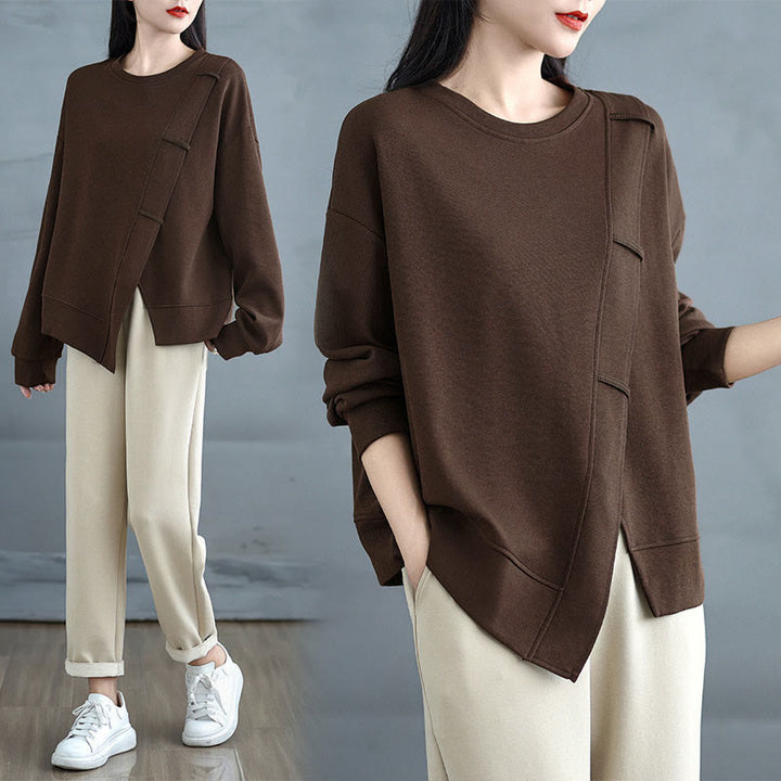 Sweat-shirt en coton pour femme, motif Buddha Stones, couleur unie, design asymétrique, col rond, manches longues. - image 5