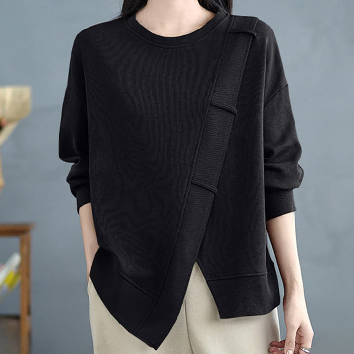 Sweat-shirt en coton pour femme, motif Buddha Stones, couleur unie, design asymétrique, col rond, manches longues. - image 23