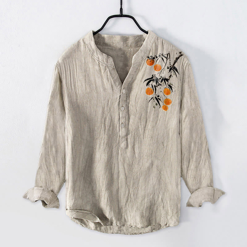 Chemise à manches longues pour homme en coton et lin, motif élégant d'oranger et Buddha Stones - Lin - US/UK/AU50，EU60 (5XL) - image 0