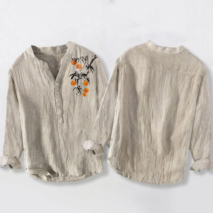 Chemise à manches longues pour homme en coton et lin, motif élégant d'oranger et Buddha Stones - image 2