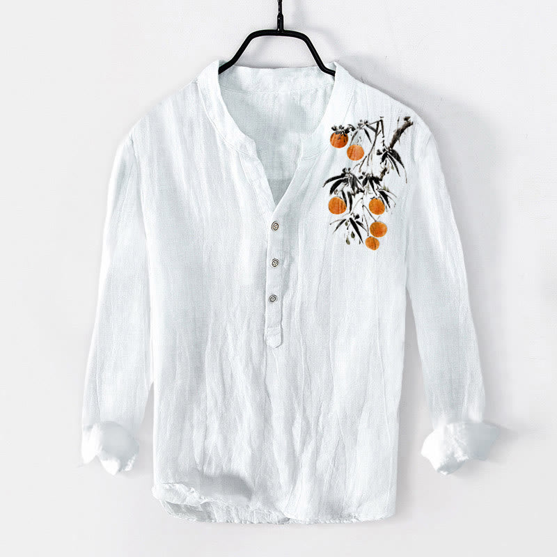 Chemise à manches longues pour homme en coton et lin, motif élégant d'oranger et Buddha Stones - Blanc - US/UK/AU50，EU60 (5XL) - image 3