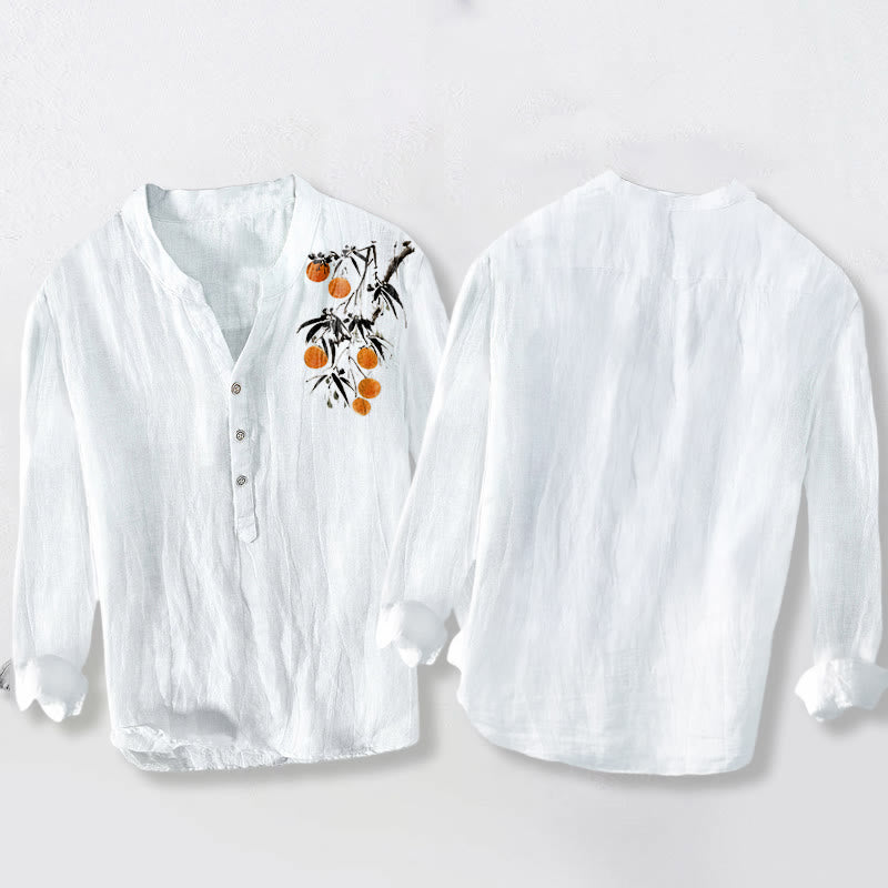 Chemise à manches longues pour homme en coton et lin, motif élégant d'oranger et Buddha Stones - image 5