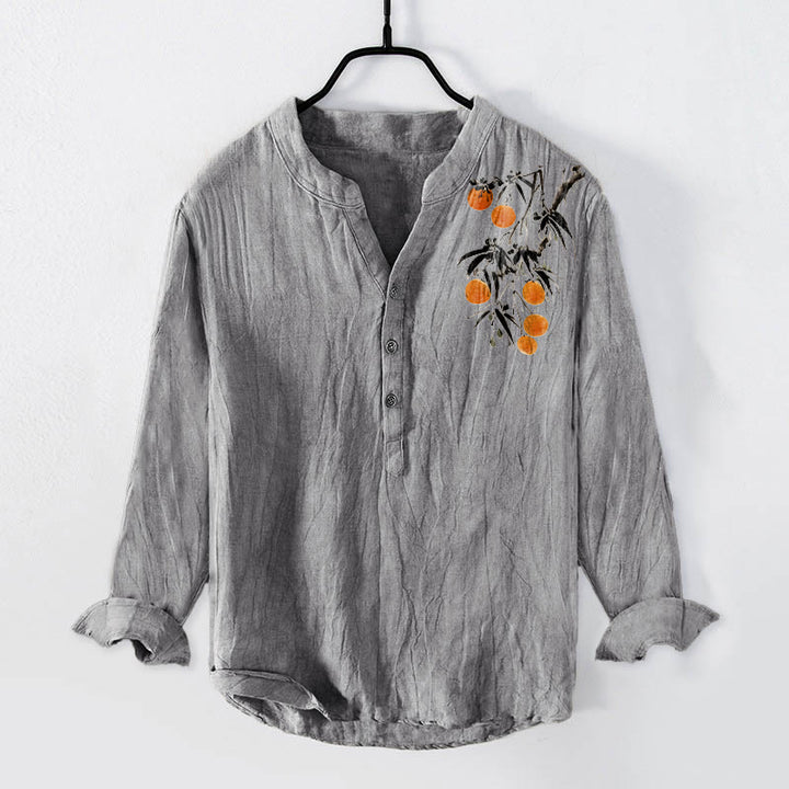 Chemise à manches longues pour homme en coton et lin, motif élégant d'oranger et Buddha Stones - Gris - US/UK/AU50，EU60 (5XL) - image 6