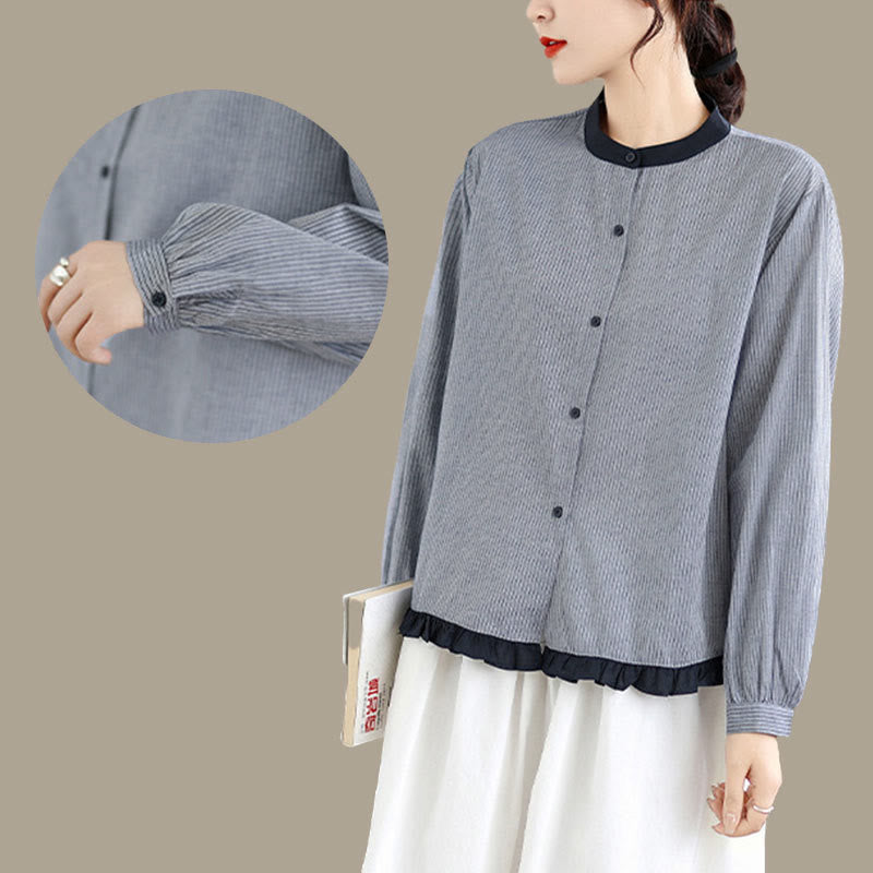 Chemise à manches longues en coton pour femme, motif à carreaux rayés et imprimé de Buddha Stones, ourlet volanté et boutons. - image 14