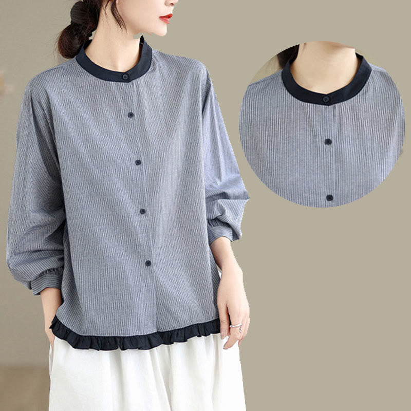 Chemise à manches longues en coton pour femme, motif à carreaux rayés et imprimé de Buddha Stones, ourlet volanté et boutons. - image 13