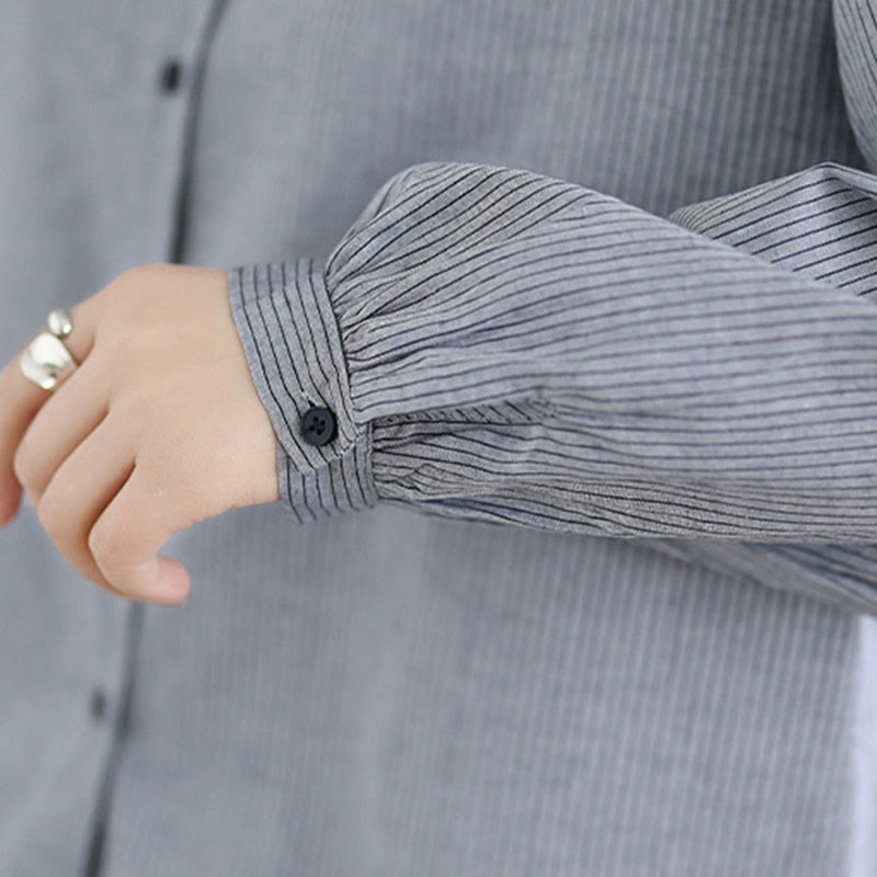 Chemise à manches longues en coton pour femme, motif à carreaux rayés et imprimé de Buddha Stones, ourlet volanté et boutons. - image 18