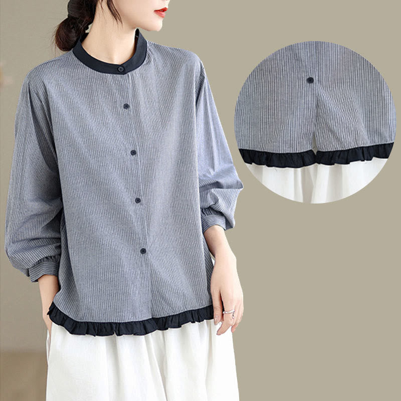 Chemise à manches longues en coton pour femme, motif à carreaux rayés et imprimé de Buddha Stones, ourlet volanté et boutons. - image 15