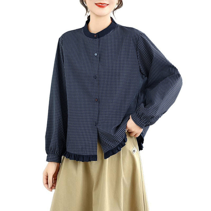 Chemise à manches longues en coton pour femme, motif à carreaux rayés et imprimé de Buddha Stones, ourlet volanté et boutons. - image 6