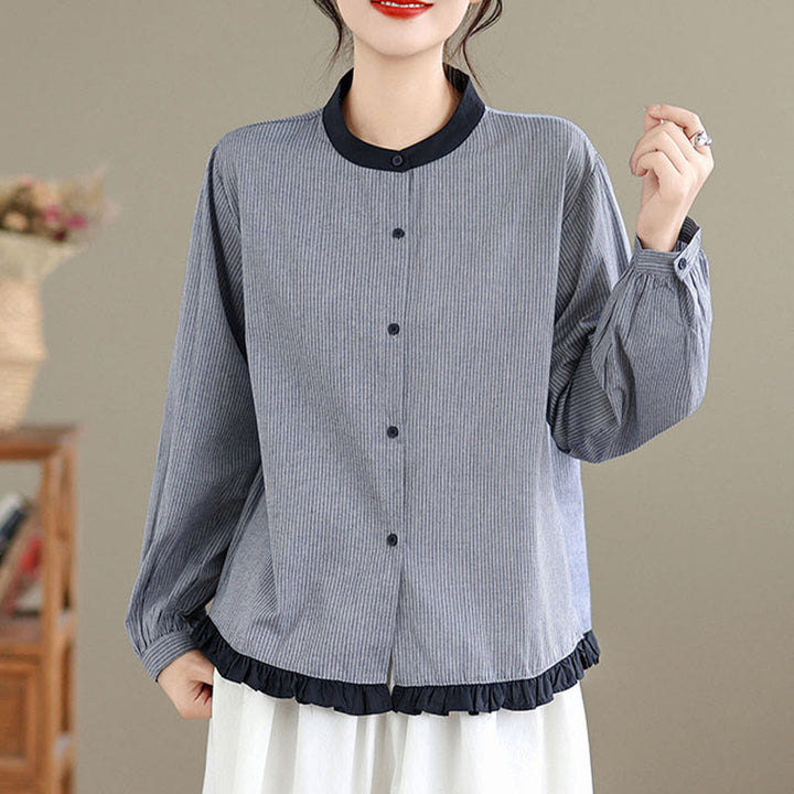 Chemise à manches longues en coton pour femme, motif à carreaux rayés et imprimé de Buddha Stones, ourlet volanté et boutons. - image 9