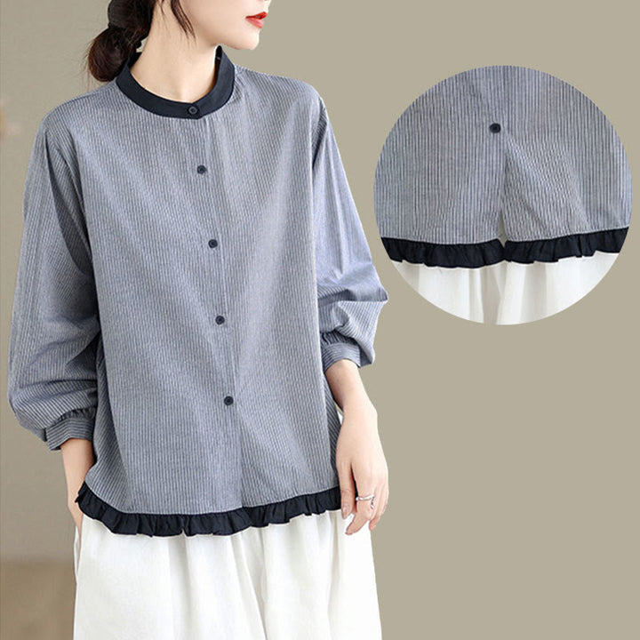 Chemise à manches longues en coton pour femme, motif à carreaux rayés et imprimé de Buddha Stones, ourlet volanté et boutons. - image 15