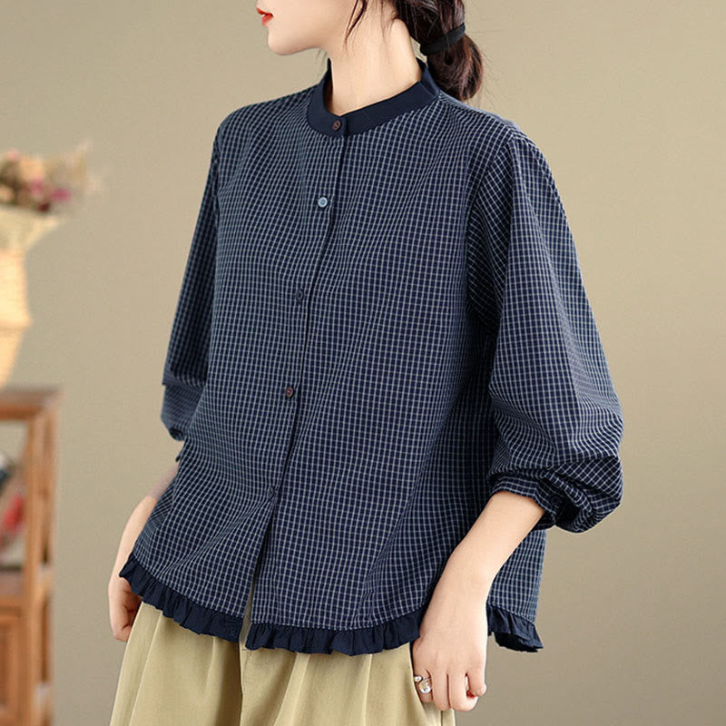 Chemise à manches longues en coton pour femme, motif à carreaux rayés et imprimé de Buddha Stones, ourlet volanté et boutons. - image 1