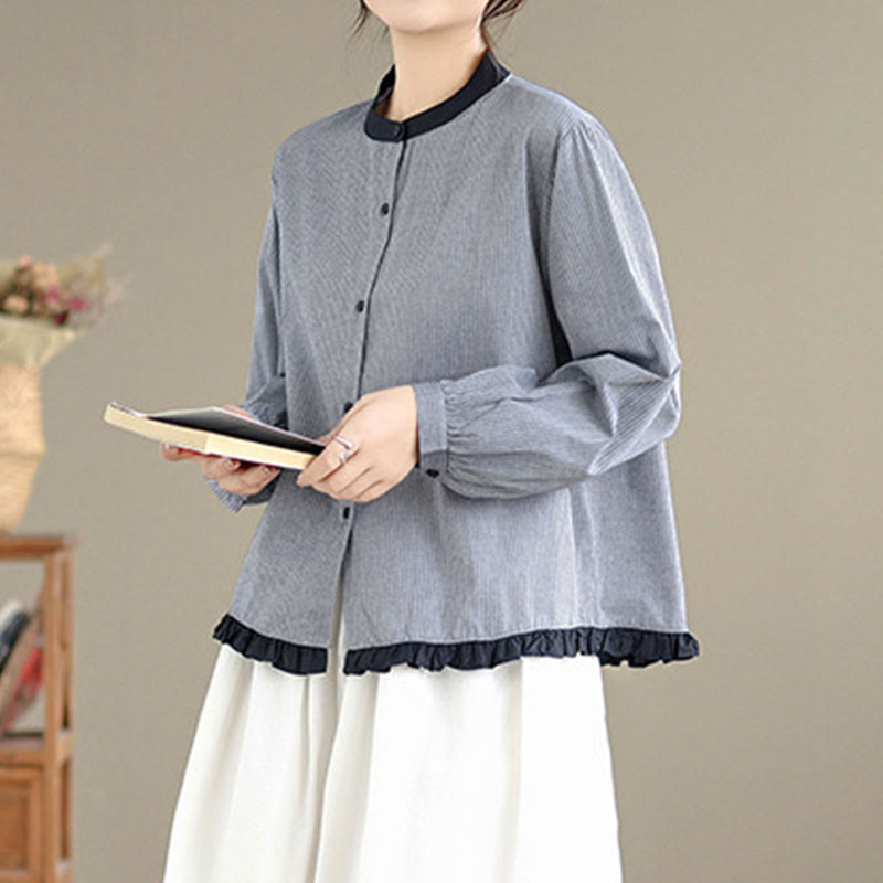 Chemise à manches longues en coton pour femme, motif à carreaux rayés et imprimé de Buddha Stones, ourlet volanté et boutons. - image 12