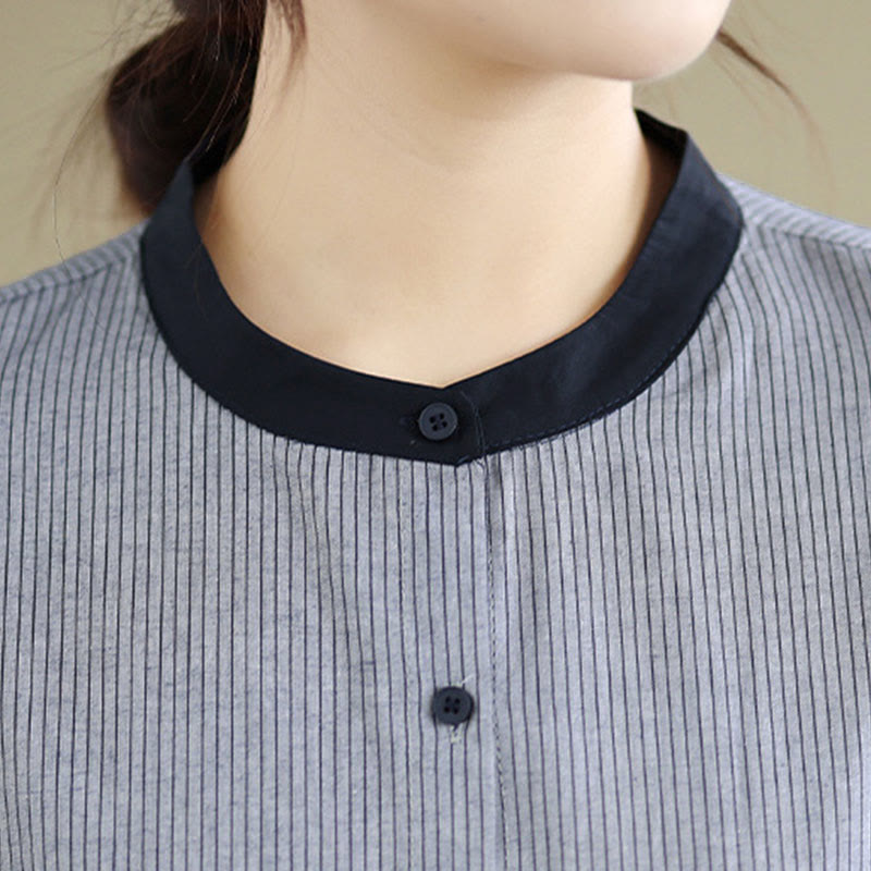 Chemise à manches longues en coton pour femme, motif à carreaux rayés et imprimé de Buddha Stones, ourlet volanté et boutons. - image 16