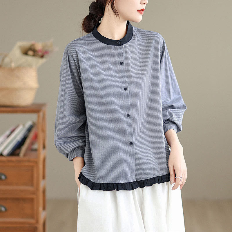 Chemise à manches longues en coton pour femme, motif à carreaux rayés et imprimé de Buddha Stones, ourlet volanté et boutons. - Rayures argentées - US8-10，UK/AU12-14，EU40-42 (2XL) - image 7