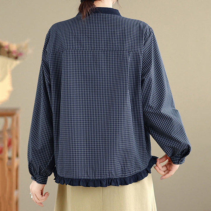 Chemise à manches longues en coton pour femme, motif à carreaux rayés et imprimé de Buddha Stones, ourlet volanté et boutons. - image 4