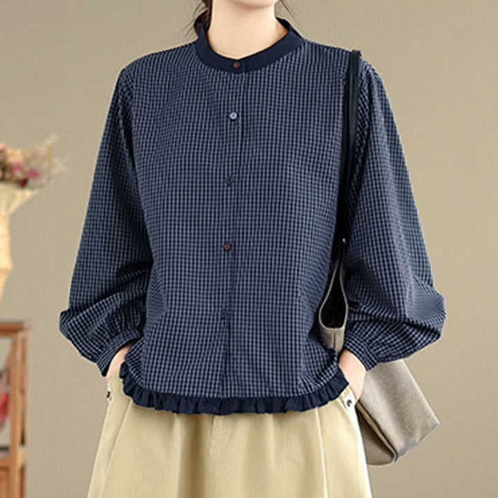 Chemise à manches longues en coton pour femme, motif à carreaux rayés et imprimé de Buddha Stones, ourlet volanté et boutons. - image 5