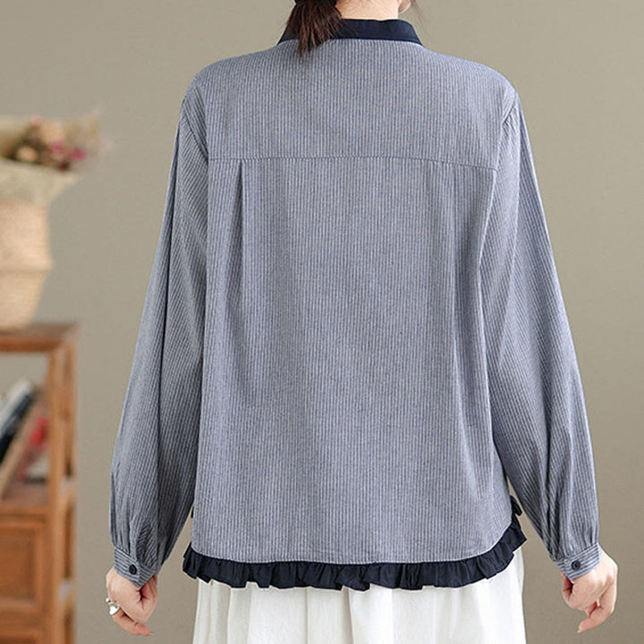 Chemise à manches longues en coton pour femme, motif à carreaux rayés et imprimé de Buddha Stones, ourlet volanté et boutons. - image 11