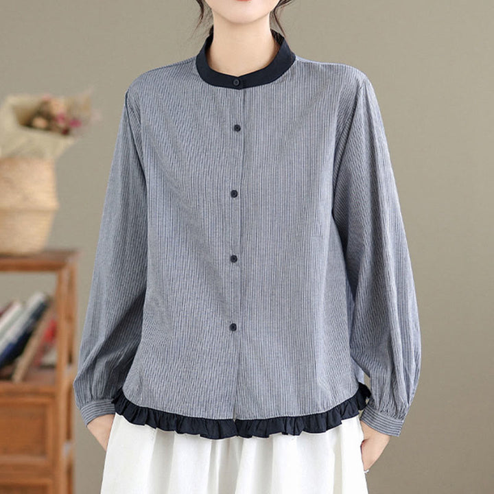 Chemise à manches longues en coton pour femme, motif à carreaux rayés et imprimé de Buddha Stones, ourlet volanté et boutons. - image 10