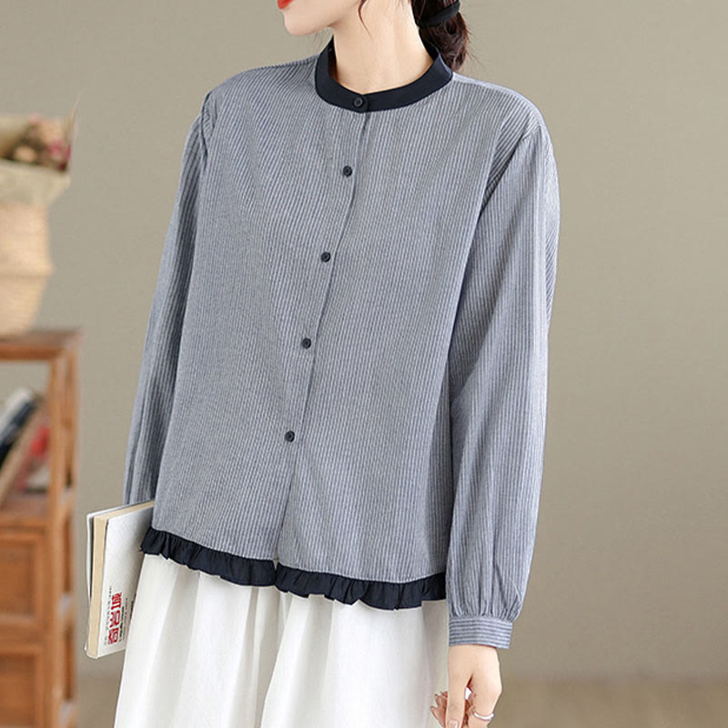 Chemise à manches longues en coton pour femme, motif à carreaux rayés et imprimé de Buddha Stones, ourlet volanté et boutons. - image 8