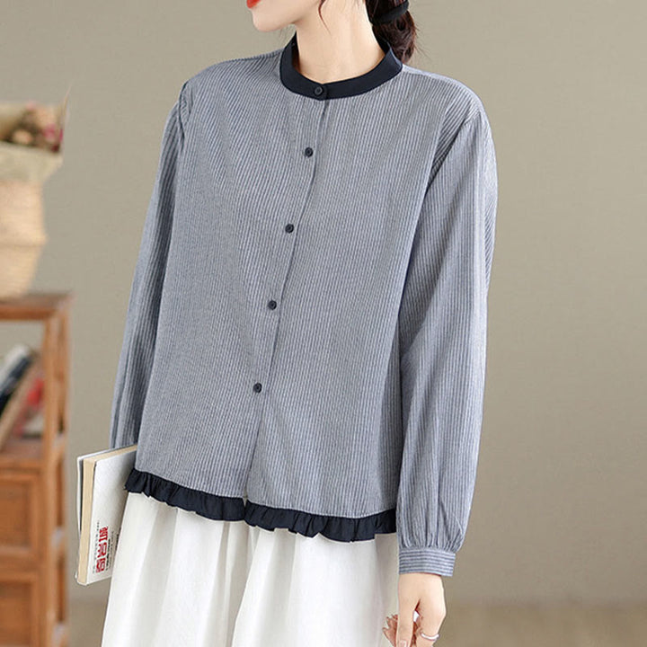 Chemise à manches longues en coton pour femme, motif à carreaux rayés et imprimé de Buddha Stones, ourlet volanté et boutons. - image 8