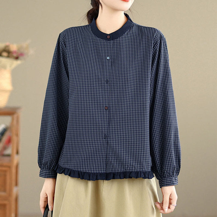 Chemise à manches longues en coton pour femme, motif à carreaux rayés et imprimé de Buddha Stones, ourlet volanté et boutons. - image 3